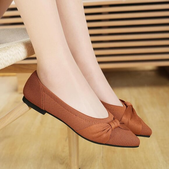 Women's Pointed Toe Knit Brown Flats Comfortable Lightweight Dressy Casual Shoes - Picture 9 of 9